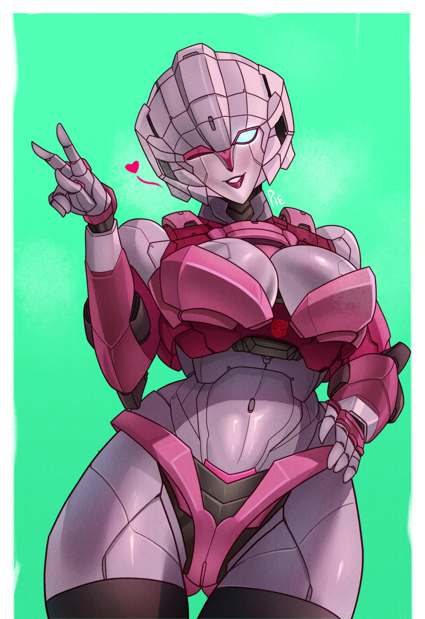 1girl absurdres arcee autobot breasts cleavage hand_on_own_hip hand_up heart highres humanoid_robot large_breasts looking_at_viewer navel one_eye_closed pink_lips robot robot_girl science_fiction solo spoken_heart transformers unusualpie v