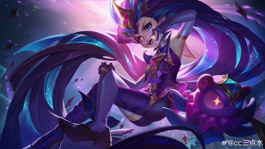 1girl absurdres arm_up artist_name blue_eyes blue_hair cc_sandianshui crossed_legs elbow_gloves fang fangs foot_out_of_frame full_body gem gloves gradient_gloves hair_ornament hair_slicked_back hand_on_own_knee heterochromia highres holding holding_gem league_of_legends light_particles lipstick long_hair looking_at_viewer makeup multicolored_hair official_alternate_costume official_alternate_hairstyle open_mouth pantyhose pink_eyes purple_brooch purple_eyes purple_lips purple_pantyhose single_leg_pantyhose single_thighhigh solo stairs star_(symbol) star_guardian_(league_of_legends) star_guardian_pet star_guardian_zoe star_in_eye symbol_in_eye teeth thighhighs two-tone_hair very_long_hair white_thighhighs yellow_gemstone zoe_(league_of_legends)