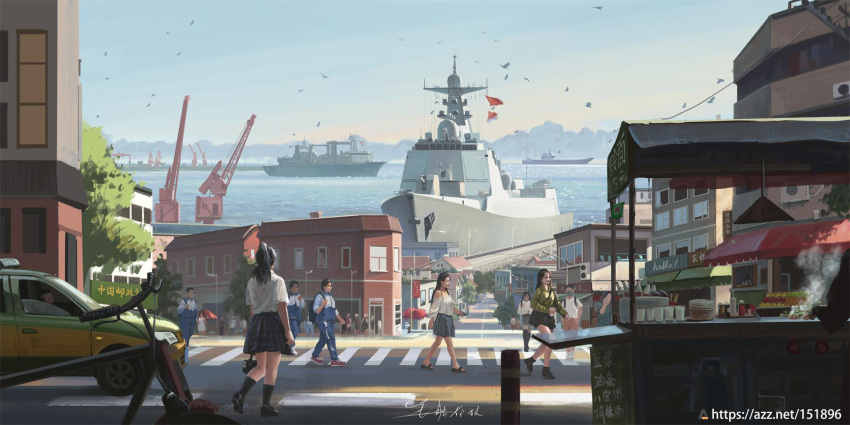 admiral_kuznetsov_class_aircraft_carrier building cargo_ship china chinese_text cityscape crane_(machine) crosswalk crowd destroyer dock food_stand gym_uniform highres military_vehicle multiple_boys multiple_girls ocean original people's_liberation_army people's_liberation_army_navy port road scenery ship shouhui_lang_qun signature street taxi track_suit type_052d_destroyer warship watercraft