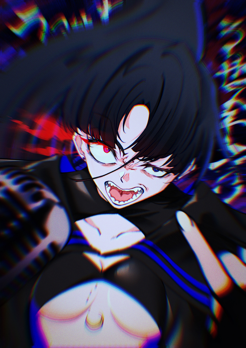 1girl absurdres ado_(utaite) angry black_hair blue_eyes blurry breasts collarbone glowing glowing_eye high_ponytail highres jewelry long_hair looking_at_viewer lyrics microphone middle_finger mtoan naima_(usseewa) open_mouth parted_bangs red_eyes sanpaku sharp_teeth shouting solo teeth underboob upper_body usseewa vignetting vintage_microphone