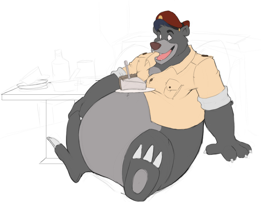 2013 anthro baloo bear belly big_belly bottomless bottomless_anthro bottomless_male cake canson cheesecake chubby_anthro chubby_male claws clothed clothing cutlery dessert disney fangs food fork fur hat headgear headwear jacket kitchen_utensils male mammal open_mouth overweight overweight_anthro overweight_male plate sitting slice_of_cake slightly_chubby smile solo talespin teeth the_jungle_book toe_claws tongue tools topwear wide_eyed