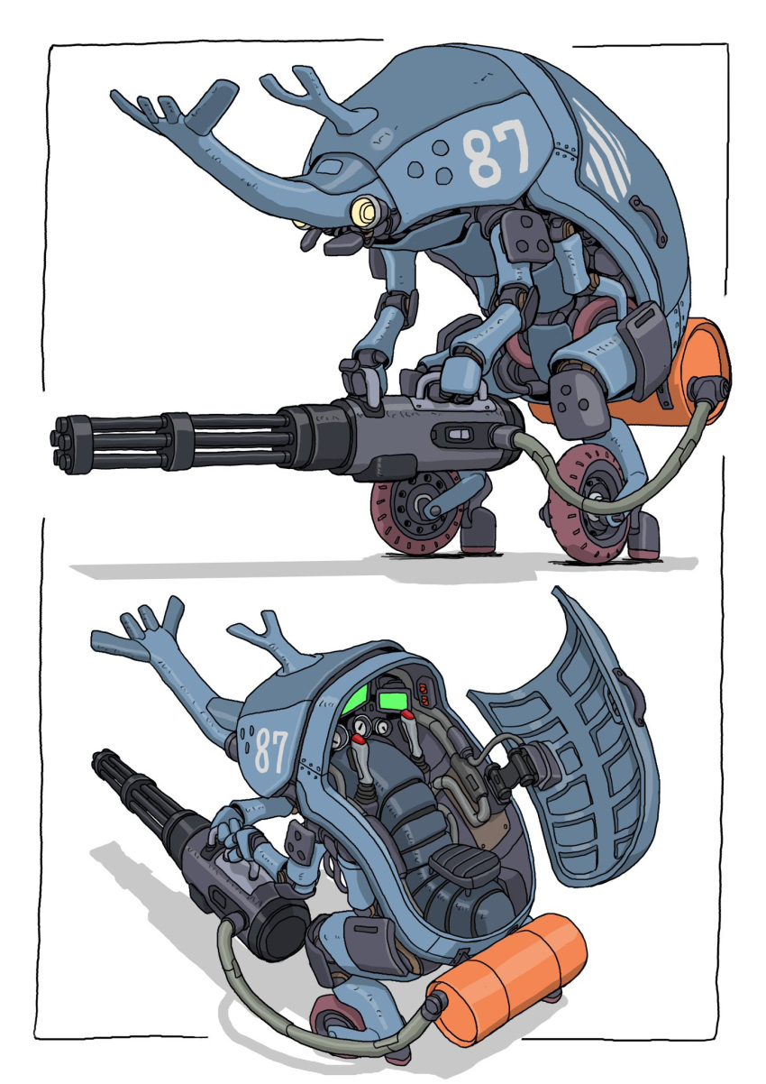 animal-themed_vehicle biomechanical controller gatling_gun gatling_santouhei gun heads-up_display highres holding holding_gun holding_weapon interior joystick mecha minigun multiple_views no_humans original robot vehicle_focus weapon wheel white_background