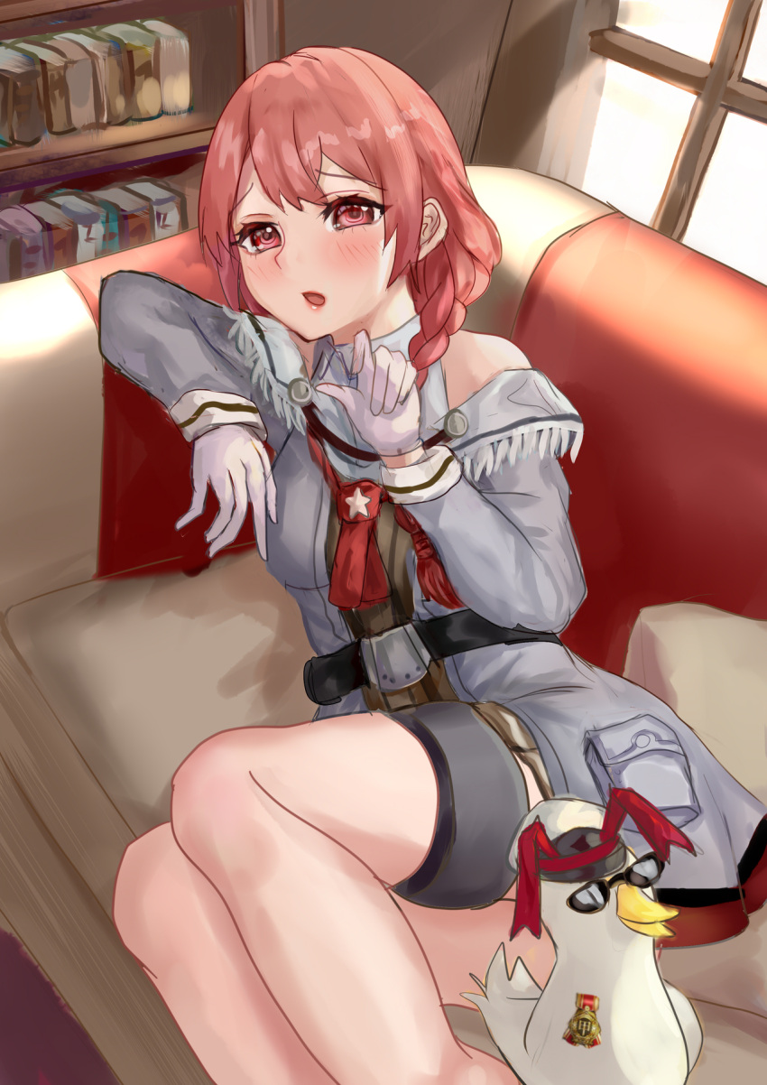 1girl belt bird book bookshelf brown_hair collared_shirt couch dress_shirt duck frilled_shirt frills gloves grey_shirt grey_skirt hair_over_shoulder highres kantai_collection layered_clothes long_hair long_sleeves lying nevada_(kancolle) om10 on_side red_eyes shirt skirt sleeveless sleeveless_shirt white_gloves white_shirt