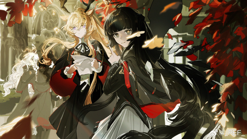 2boys 2girls ahoge animal_ears antlers architecture arknights artist_name autumn_leaves belt black_belt black_capelet black_eyes black_hair black_halo black_jacket black_ribbon black_shirt black_skirt black_wings blonde_hair blunt_bangs blurry blurry_background blurry_foreground broken_halo buttons capelet chinese_commentary closed_mouth commentary_request cowboy_shot dark_halo day deer_antlers deer_ears deer_girl depth_of_field detached_wings dress_shirt ebenholz_(arknights) emblem energy_wings expressionless facing_viewer falling_leaves floating_hair from_side goat_boy goat_ears goat_horns grey_skirt hair_between_eyes hair_ornament halo hand_up hands_up hedge high_collar highres hime_cut holding holding_paper horns index_finger_raised jacket kreide_(arknights) leaf light_rays light_smile long_hair long_skirt long_sleeves looking_afar looking_ahead looking_at_another looking_at_viewer mole mole_under_eye multicolored_capelet multiple_boys multiple_girls musical_note neck_ribbon outdoors pale_skin paper parted_lips pef pleated_skirt pocket profile purple_eyes red_capelet ribbon see-through shade shadow sheet_music shirt sidelocks skirt sunlight two-tone_capelet very_long_hair virtuosa_(arknights) viviana_(arknights) watermark wavy_hair weibo_logo weibo_username white_hair wind wings x_hair_ornament