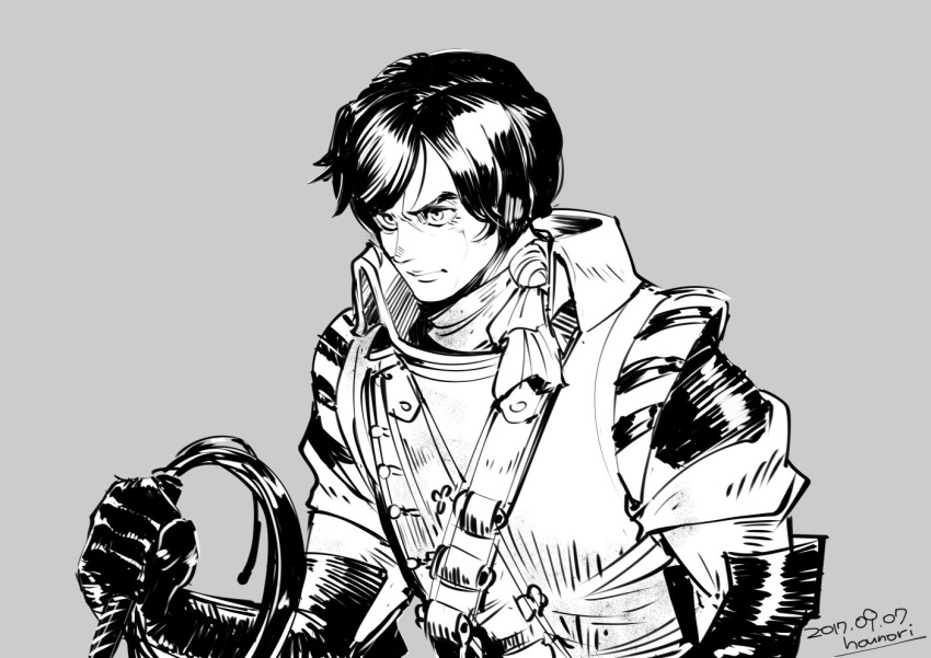 1boy artist_name black_gloves castlevania castlevania:_dracula_x_chronicles closed_mouth dated gloves greyscale holding holding_whip hounori monochrome richter_belmont short_hair simple_background solo twitter_username