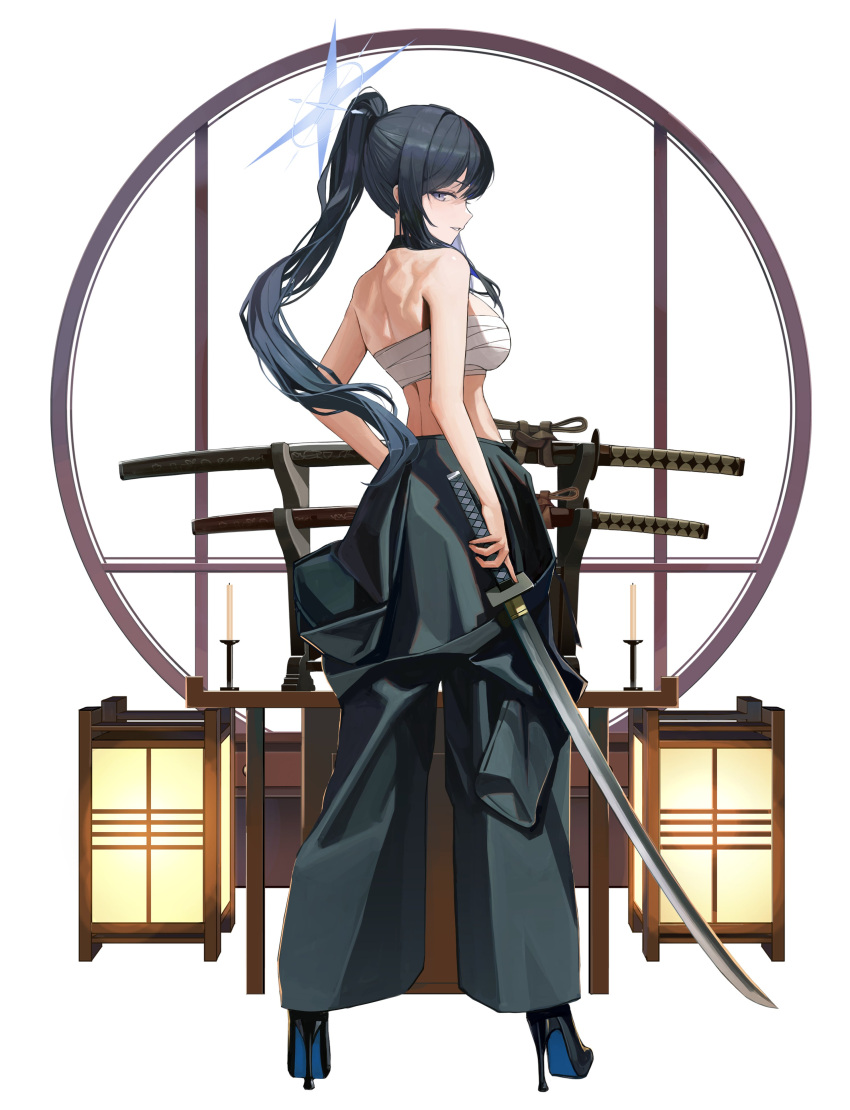 1girl absurdres alternate_costume back bare_arms bare_shoulders black_footwear black_hair black_jumpsuit blue_archive blue_eyes blue_halo breasts chest_sarashi commentary floor_lamp from_behind full_body hallo_(rltkdydrltk) halo high_heels highres holding holding_sword holding_weapon jumpsuit jumpsuit_around_waist katana large_breasts long_hair looking_at_viewer looking_back midriff ponytail saori_(blue_archive) sarashi solo standing sword weapon