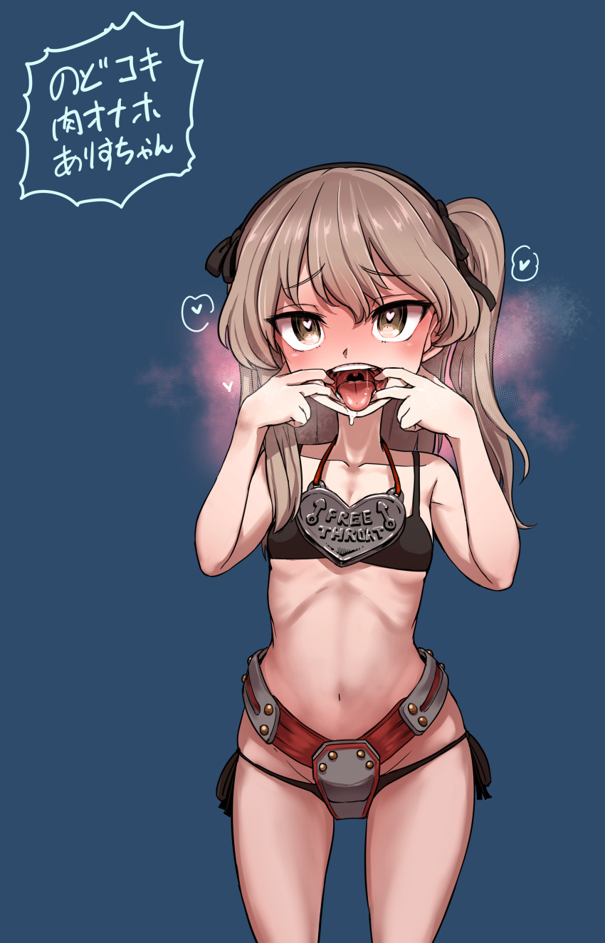 1girl absurdres aomushi_(mushamusha) armor belly bikini bikini_armor black_bikini blue_background blush brown_eyes girls_und_panzer hand_on_own_throat heart heart-shaped_pupils highres jewelry light_brown_hair looking_at_viewer navel necklace one_side_up public_use shimada_arisu skinny standing swimsuit symbol-shaped_pupils translation_request