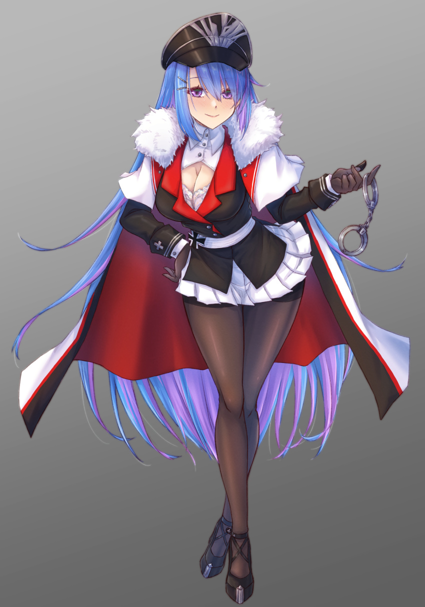 1girl azur_lane belt black_gloves black_headwear black_jacket blue_hair blush breasts cape cleavage cosplay cross crossed_legs cuffs fur-trimmed_cape fur_trim gloves graf_zeppelin_(azur_lane) graf_zeppelin_(azur_lane)_(cosplay) hair_between_eyes hair_ornament hair_over_one_eye hairclip hand_on_own_hip hand_up handcuffs hat helena_(azur_lane) high_heels highres holding holding_handcuffs iron_cross jacket leaning_forward legs long_hair long_sleeves looking_at_viewer medium_breasts military_hat military_jacket multicolored_hair pantyhose peaked_cap pleated_skirt purple_eyes purple_hair simple_background skirt smile solo standing thighs two-tone_hair very_long_hair waa!_okami white_belt white_skirt