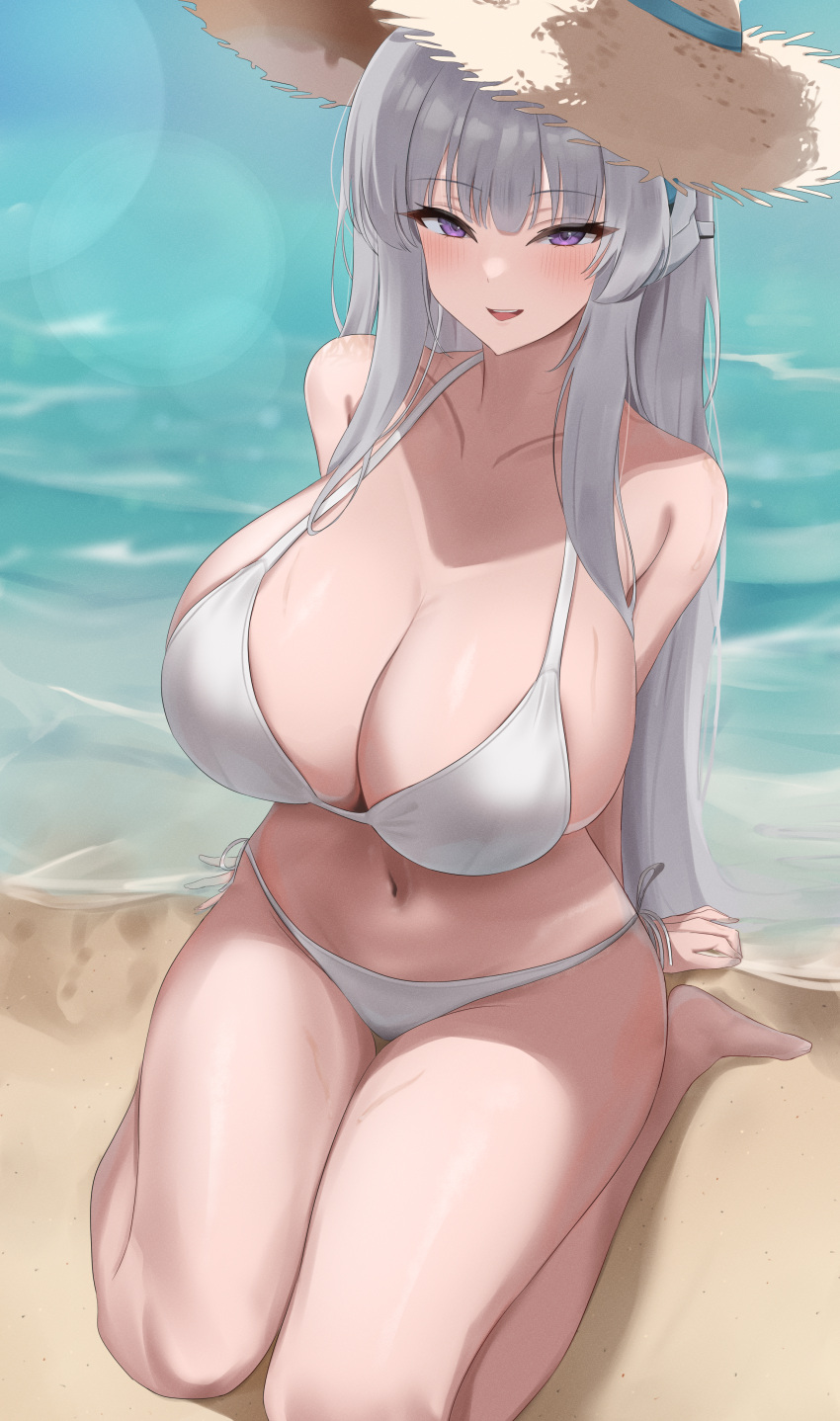 1girl absurdres barefoot beach bikini blue_archive blush breasts cleavage collarbone full_body grey_hair hat highres k_0art large_breasts long_hair navel noa_(blue_archive) open_mouth purple_eyes sand seiza side-tie_bikini_bottom sitting smile stomach straw_hat swimsuit thighs very_long_hair water white_bikini