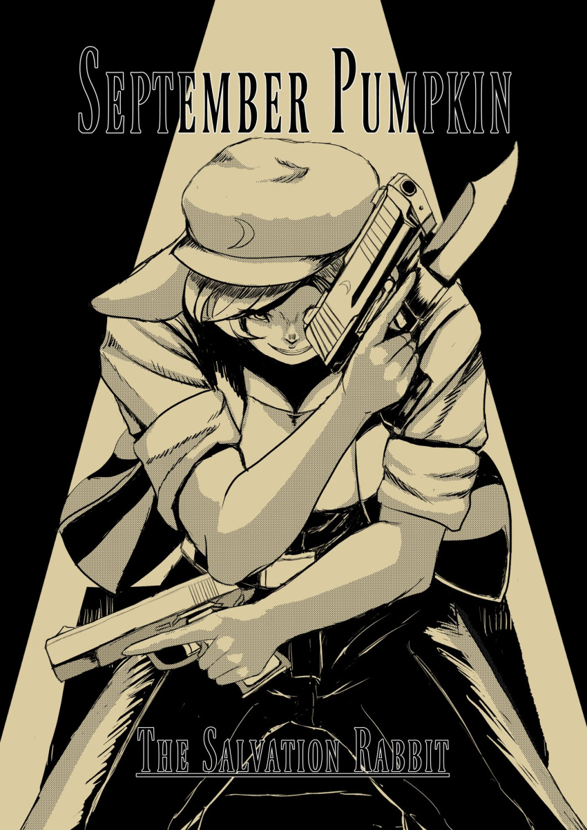 1girl bayonet cabbie_hat commentary_request cowboy_shot dual_wielding english_text floppy_ears grin gun handgun hat highres holding looking_at_viewer monochrome pants rabbit_girl ringo_(touhou) short_hair short_sleeves sleeves_rolled_up smile solo swept_bangs touhou trigger_discipline weapon weedhollow_(dokuran)