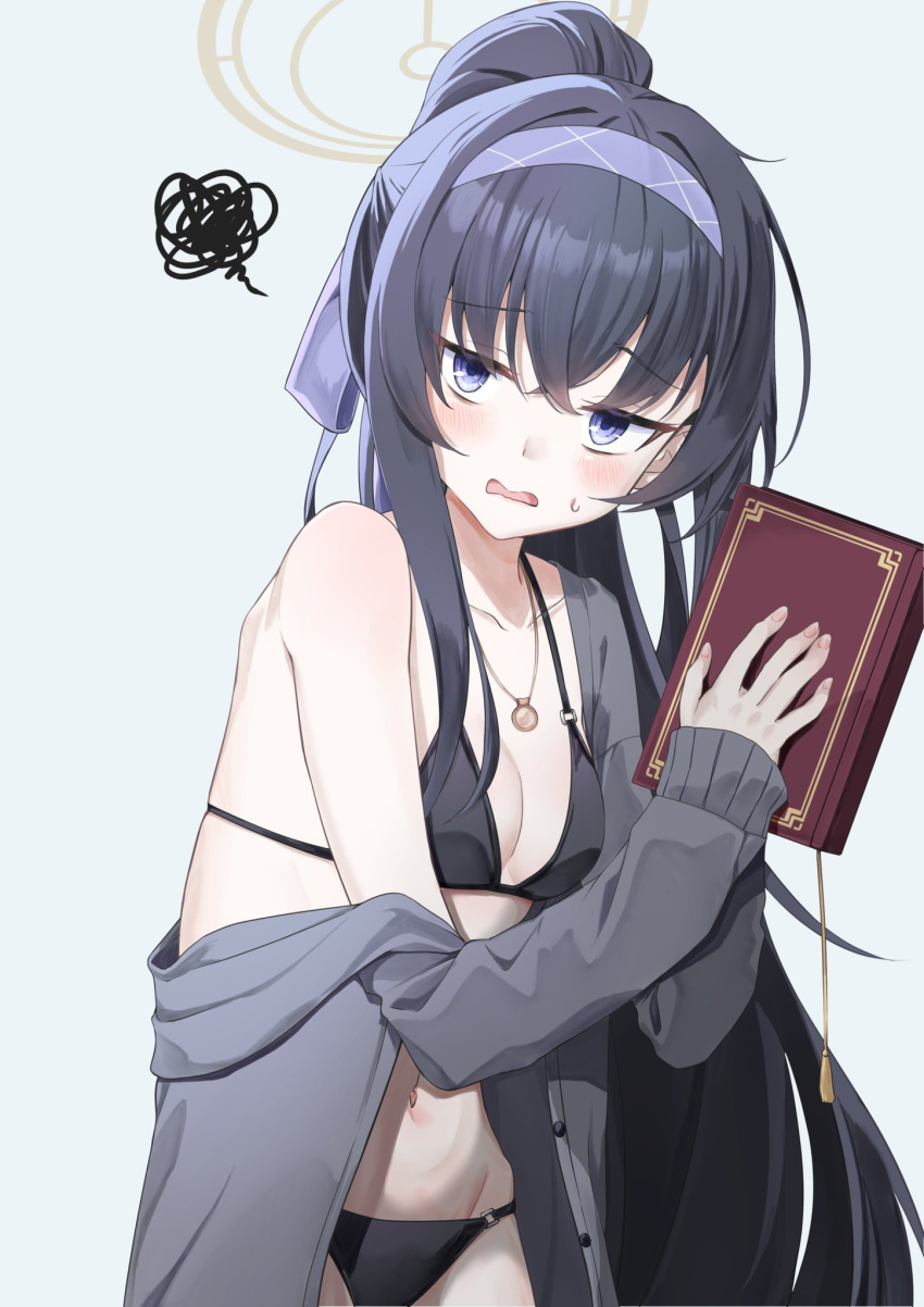 1girl bikini black_bikini black_hair blue_archive blue_background blue_eyes blue_hairband blush book breasts cardigan dusu_(htkj) grey_cardigan hairband halo highres holding holding_book jewelry long_hair medium_breasts necklace official_alternate_costume open_cardigan open_clothes ponytail simple_background solo swimsuit ui_(blue_archive) ui_(swimsuit)_(blue_archive) very_long_hair