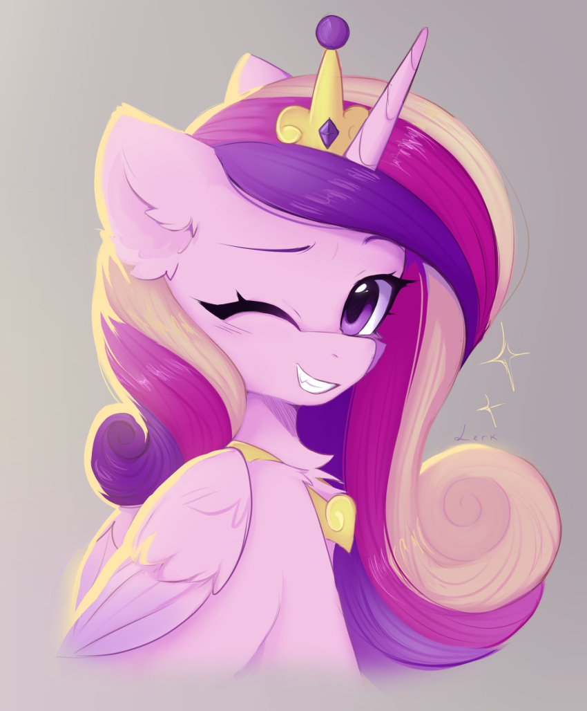 blush chest_tuft crown digital_media_(artwork) equid equine eyelashes feathered_wings feathers female feral folded_wings friendship_is_magic fur grey_background hair hasbro headgear hi_res horn lerkfruitbat long_hair mammal mane multicolored_hair multicolored_mane my_little_pony one_eye_closed pink_body pink_eyes pink_feathers pink_fur pink_hair pink_mane princess_cadance_(mlp) purple_hair purple_mane simple_background tuft winged_unicorn wings wink