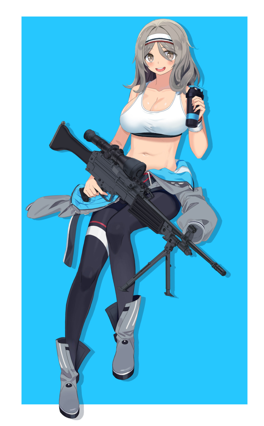 1girl absurdres bipod black_pants blue_background boots bottle breasts cleavage clothes_around_waist daewoo_k3 dlarudgml21 full_body girls'_frontline grey_eyes grey_jacket gun headband highres holding holding_bottle jacket jacket_around_waist k3_(girls'_frontline) large_breasts machine_gun midriff navel open_mouth pants scope smile sports_bra teeth two-tone_background upper_teeth_only weapon white_background