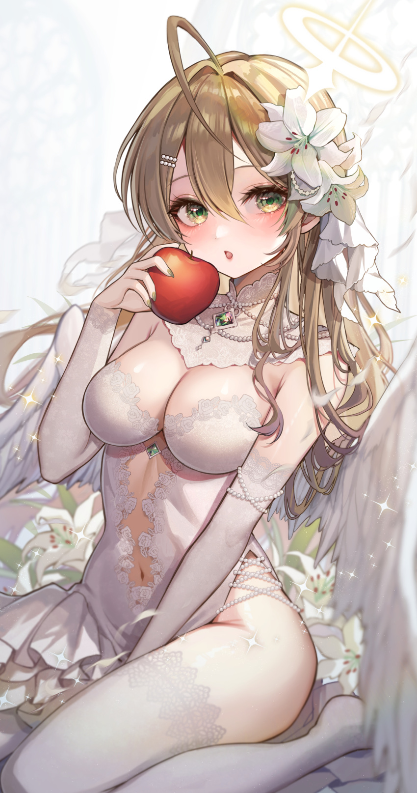 1girl absurdres ahoge apple armlet blush breasts brown_hair center_opening commentary detached_collar detached_sleeves dress english_commentary flower food fruit gem green_eyes hair_flower hair_ornament halo highres holding holding_food holding_fruit jewelry kudou_(sikisiki0000) lace-trimmed_dress lace-trimmed_legwear lace-trimmed_sleeves lace_trim large_breasts long_hair navel necklace open_mouth original pearl_necklace solo thighhighs white_dress white_flower white_thighhighs
