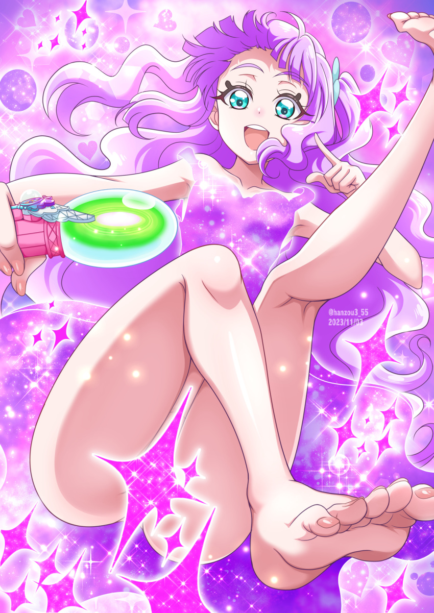 1girl 2023 :d bare_legs barefoot blue_eyes censored cure_majesty dated dress floating_hair from_below hanzou highres hirogaru_sky!_precure holding index_finger_raised lens_flare long_hair looking_at_viewer no_panties open_mouth pink_dress pink_hair precure short_dress sleeveless sleeveless_dress smile soles solo sparkle twitter_username watermark