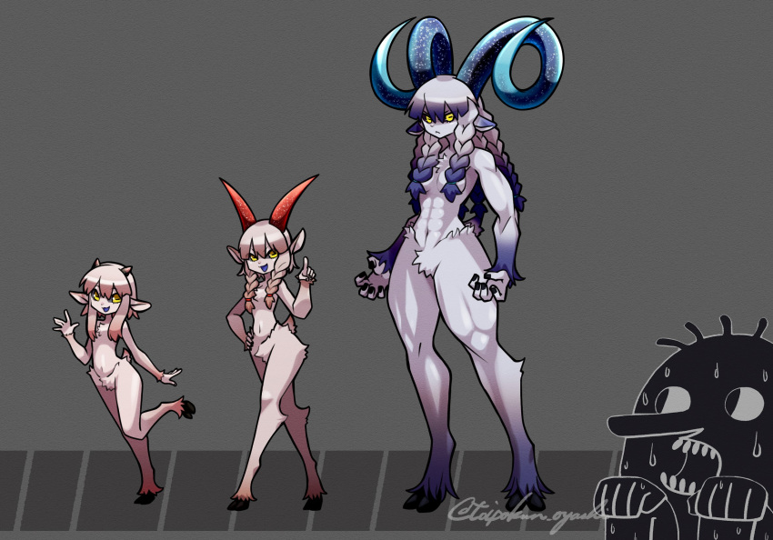 1boy 3girls :&lt; :d abs animal_ears body_fur braid full_body furry furry_female goat_ears goat_girl goat_horns grimm's_fairy_tales hand_on_own_hip highres hooves horizontal_pupils horns looking_at_viewer multiple_girls muscular muscular_female navel nervous_sweating smile standing sweat three_billy_goats_gruff toipokun_oyashi twin_braids yellow_eyes