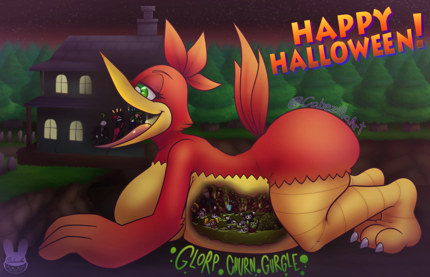 anthro avian banjo-kazooie beak belly big_belly big_breasts big_butt bones_in_stomach breasts breegull butt cabezilla cut-out digestion fatal_vore feathers feet female green_eyes group halloween_2023 hi_res human internal kazooie kazooie_the_breegull kneeling mammal multiple_prey open_beak open_mouth rareware red_body red_feathers talons unaware_prey vore yellow_body yellow_feathers