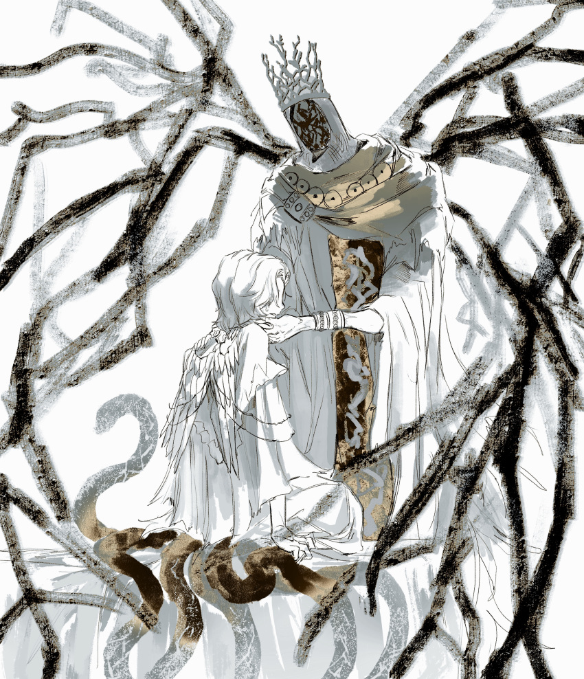 2boys absurdres animal arm_support bracelet crown dark_souls_(series) dark_souls_i dark_souls_iii dark_sun_gwyndolin dress facing_another grey_robe highres hood hood_up jewelry layered_dress male_focus multiple_boys pontiff_sulyvahn robe short_hair simple_background sitting snake white_background wings zunkome