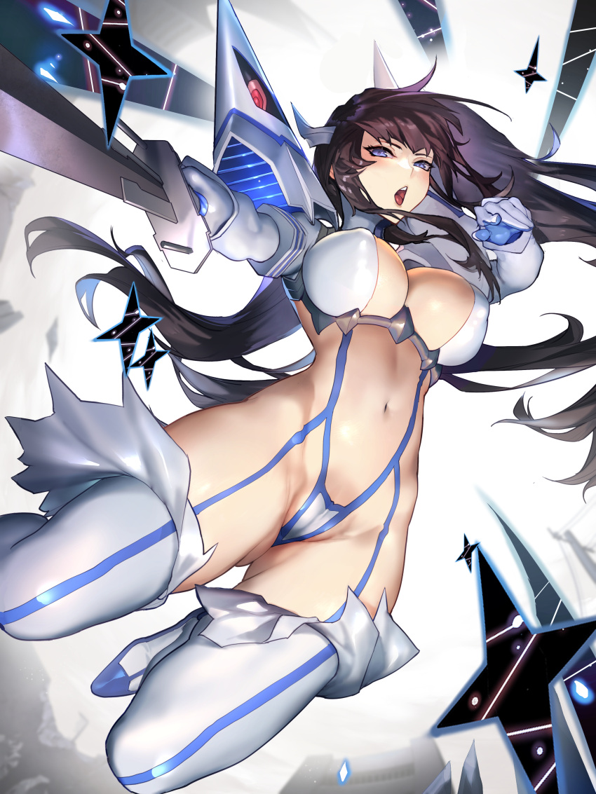 1girl absurdres ass_visible_through_thighs black_hair boots breasts cameltoe chinese_commentary cleavage commentary covered_nipples gloves highres holding holding_sword holding_weapon jinlin junketsu kill_la_kill kiryuuin_satsuki large_breasts long_hair looking_at_viewer midair navel open_mouth outstretched_arm purple_eyes revealing_clothes revision simple_background solo stomach sword thigh_boots very_long_hair weapon white_background white_footwear white_gloves