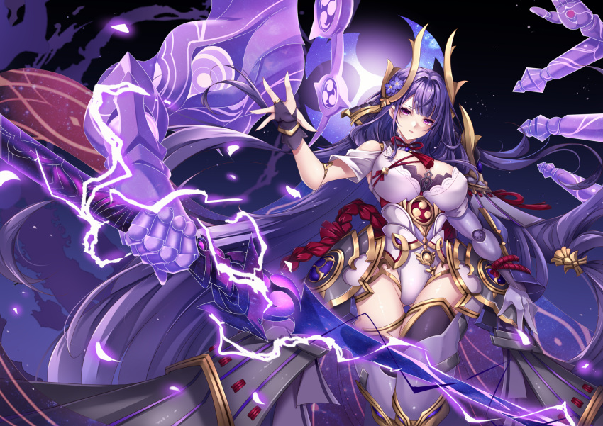 1girl aata1007 breasts bridal_gauntlets cleavage electricity flower genshin_impact hair_flower hair_ornament highleg highleg_leotard highres katana large_breasts leotard long_hair looking_at_viewer mole mole_under_eye purple_eyes purple_hair purple_thighhighs raiden_shogun raiden_shogun_(magatsu_mitake_narukami_no_mikoto) sword thighhighs thighs very_long_hair weapon white_leotard