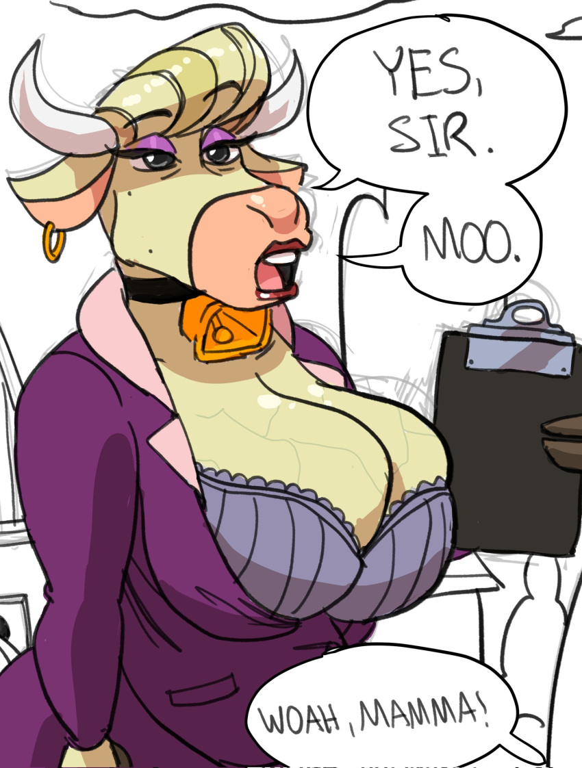 2023 anthro big_breasts bovid bovine bra breasts cartoon_network cattle cleavage clipboard clothed clothing cow_lady_(johnny_bravo) cowbell dialogue ear_piercing english_text eyeshadow female green_eyes hi_res holding_clipboard holding_object hooves horn johnny_bravo_(series) lipstick makeup mammal piercing power_suit purple_eyeshadow solo speech_bubble teeth text tongue underwear unknown_artist