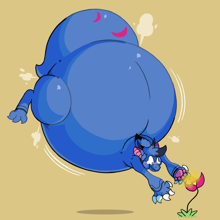 absurd_res air_puff argentite belly big_belly big_tail blue_body blush bodily_fluids cheek_bulge cloud_emanata crying era_(erablier) flower hi_res horn huge_tail immobile inflation motion_lines plant pollen reaching_out shadow simple_background tail tears yellow_background