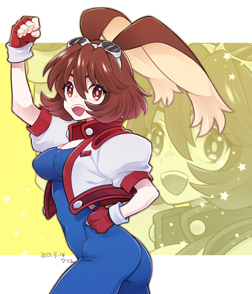 1girl animal_ears arm_up ass bodysuit breasts brown_eyes brown_hair cleavage clenched_hand cropped_jacket dated fingerless_gloves gloves goggles goggles_on_head hand_on_own_hip highres kmy-3_(kumayu) looking_back makihara_arina medium_breasts open_mouth rabbit_ears rabbit_girl short_hair short_sleeves skin_tight smile solo star_(symbol) waku_waku_7 zoom_layer