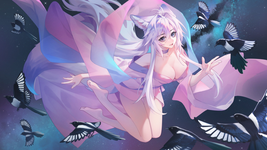 1girl absurdres animal_ears bare_shoulders barefoot bird breasts chinese_clothes choker cleavage fang feet flying fox_ears galaxy hair_between_eyes highres kirby_d_a large_breasts legs long_hair long_sleeves looking_at_viewer magpie milky_way open_mouth original revision soles solo star_(sky) toes white_hair wide_sleeves