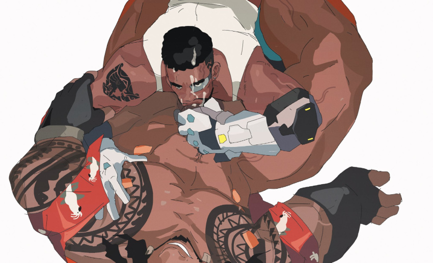 2boys bamashengze baptiste_(overwatch) bara between_legs black_hair chest_tattoo clothed_male_nude_male clothed_sex couple dark-skinned_male dark_skin facial_hair fellatio full_beard grabbing grin head_out_of_frame highres large_pectorals licking licking_cum licking_penis looking_at_another lying lying_on_person male_focus mature_male mauga_(overwatch) multiple_boys muscular muscular_male mustache nipples nude on_back oral overwatch overwatch_2 pectoral_grab pectorals penis shoulder_tattoo size_difference smile spread_legs strongman_waist tank_top tattoo thick_eyebrows uncensored undercut veins veiny_arms white_tank_top yaoi