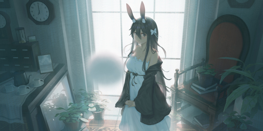 1girl absurdres animal_ears bow breasts brown_eyes brown_hair chair cleavage clock cup dress hair_bow highres hourglass indoors large_breasts long_hair looking_at_viewer original plant potted_plant rabbit_ears rabbit_girl saucer solo teacup wall_clock white_bow white_dress window yao_ren_gui