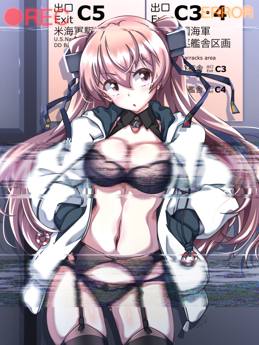 1girl 547th_sy ass_visible_through_thighs black_bra black_panties black_thighhighs bra breasts brown_eyes cleavage contrapposto detached_collar fake_screenshot garter_belt hair_ornament hands_in_pockets hands_on_own_hips highres hood hooded_jacket jacket johnston_(kancolle) kantai_collection large_breasts lifebuoy_ornament light_brown_hair long_hair looking_at_viewer panties recording sign solo thighhighs two_side_up underwear vhs_artifacts white_jacket