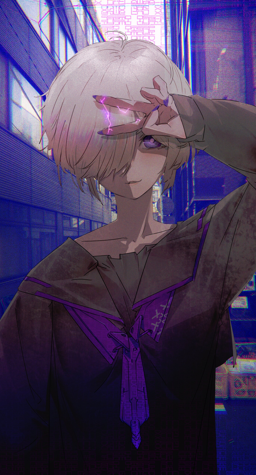 absurdres ahoge alley black_serafuku blue_background box building cowlick electricity electrokinesis glitch hair_over_one_eye hand_up highres huke light_purple_hair light_smile lightning looking_at_viewer nail_polish neckerchief necktie original plus_sign purple_background purple_eyes purple_nails purple_neckerchief purple_necktie road_sign school_uniform serafuku sign sky smile v v_over_eye window