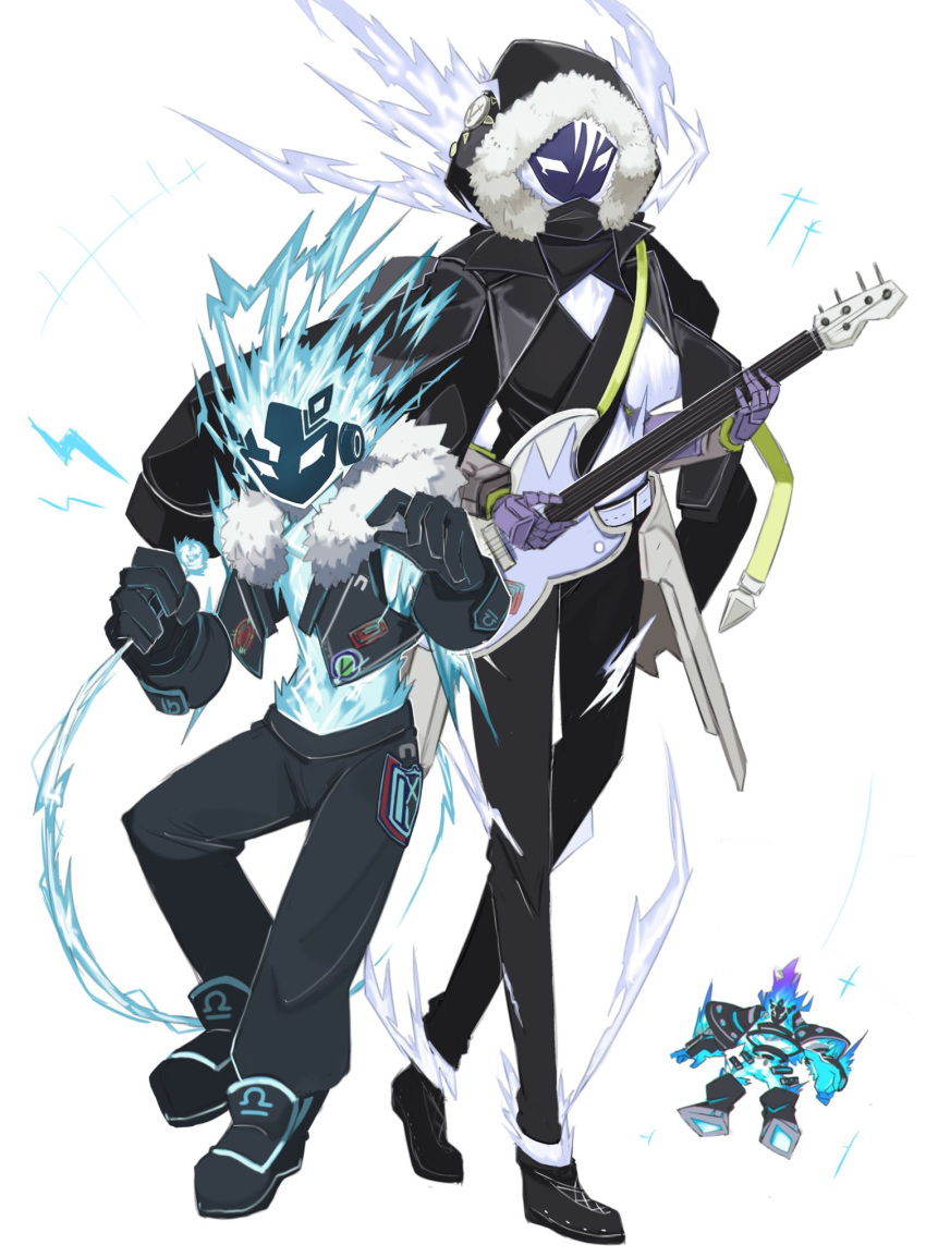 2boys fur-trimmed_jacket fur_trim gigantic_spright gloves guitar highres holding holding_microphone instrument jacket jacket_on_shoulders long_sleeves male_focus microphone midriff multiple_boys music open_clothes open_jacket pants playing_instrument sakuragi_raia shoes simple_background sleeveless sleeveless_jacket spright_blue spright_jet white_background yu-gi-oh!