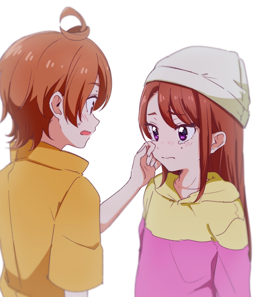 1boy 1girl aged_down ahoge arms_at_sides ayame_iro_(toumei_dolce) beanie blush brown_hair closed_mouth collarbone collared_shirt dot_nose eye_contact from_side grey_headwear hair_between_eyes hat highres hijiri_ageha hirogaru_sky!_precure hood hood_down hoodie long_hair long_sleeves looking_at_another nose_blush open_mouth orange_hair orange_shirt parted_bangs pink_hoodie precure rubbing_eyes shirt short_hair short_sleeves sidelocks simple_background sweatdrop tearing_up two-tone_hoodie upper_body wavy_mouth white_background yellow_hoodie yuunagi_tsubasa