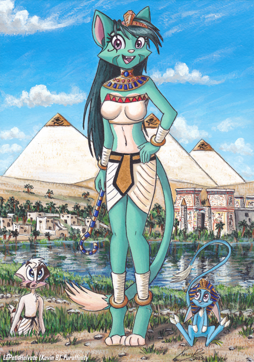 acrylic_painting_(artwork) anthro architecture black_belt blue_body blue_eyes blush bracelet brown_body brown_fur building clothing cloud detailed_background dreamkeepers egyptian egyptian_clothing felid felidae felide feline female fur gold_(metal) gold_jewelry grass green_body green_fur green_hair group hair hi_res jewelry landscape leptitsuisse1912_(lepetithelvete) lilith_calah long_hair mace_(dreamkeepers) male mammal open_mouth painting_(artwork) palm_tree papyrus_(plant) plant purple_eyes pyramid reflection river sand scape sceptre tan_body tan_fur temple traditional_media_(artwork) tree unknown_species whip_(dreamkeepers)