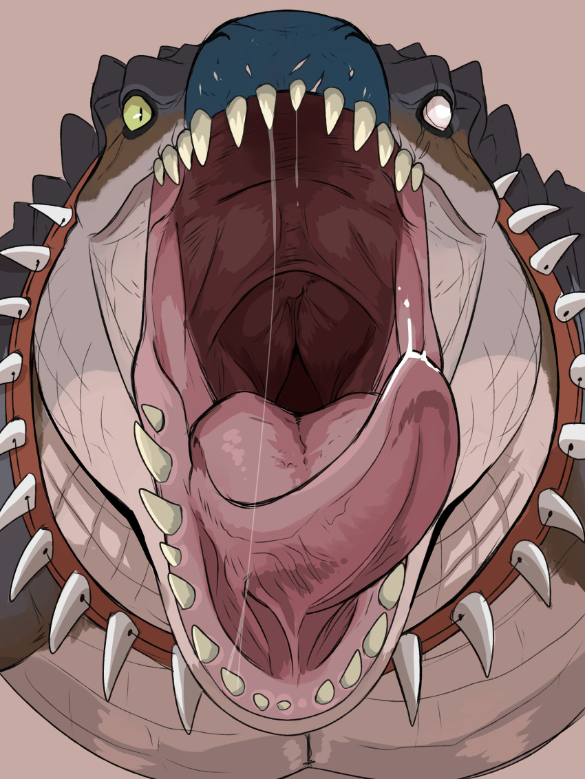 absurd_res anthro blind_eye bodily_fluids crocodilian front_view glistening glistening_eyes green_eyes grey_body hi_res imperatorcaesar looking_at_viewer male mouth_shot open_mouth pink_tongue pupils reptile saliva saliva_string scalie slit_pupils solo tan_body teeth tongue tongue_out