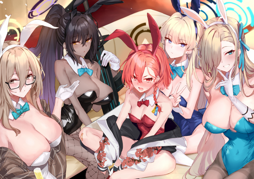 5girls akane_(blue_archive) akane_(bunny)_(blue_archive) animal_ears asuna_(blue_archive) asuna_(bunny)_(blue_archive) bare_shoulders black_hair black_leotard blonde_hair blue_archive blue_bow blue_bowtie blue_eyes blue_leotard bow bowtie braid breasts cleaning_&amp;_clearing_(blue_archive) closed_mouth couch dark-skinned_female dark_skin detached_collar expressionless fake_animal_ears fishnet_pantyhose fishnets glasses gloves grin gun hair_over_one_eye hairband halo high_ponytail highres holding holding_gun holding_weapon karin_(blue_archive) karin_(bunny)_(blue_archive) large_breasts leotard light_particles long_hair looking_at_viewer medium_breasts multiple_girls neru_(blue_archive) neru_(bunny)_(blue_archive) ninoude_(ninoude44) open_mouth pantyhose pink_hair playboy_bunny rabbit_ears red_bow red_bowtie red_eyes red_leotard rifle short_hair sitting small_breasts smile thighhighs toki_(blue_archive) toki_(bunny)_(blue_archive) v v-shaped_eyebrows very_long_hair weapon white_gloves white_leotard wrist_cuffs yellow_eyes