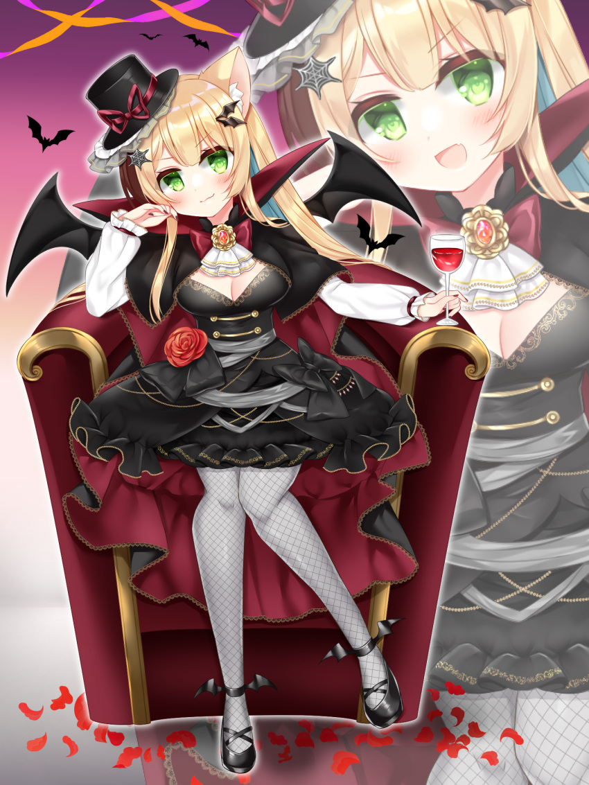 &gt;:) 1girl :d animal animal_ear_fluff animal_ears bat_(animal) black_cloak black_dress black_footwear black_headwear black_nails blonde_hair blue_hair breasts cat_ears cleavage cloak closed_mouth commentary_request cup dress drinking_glass fang fishnet_pantyhose fishnets flower green_eyes grey_pantyhose halloween head_tilt highres holding holding_cup long_hair long_sleeves medium_breasts multicolored_hair multiple_views nail_polish original pantyhose petals puffy_long_sleeves puffy_sleeves red_flower red_nails red_rose rose rose_petals shikito shoes sleeves_past_wrists smile spider_web_hair_ornament tilted_headwear two-tone_hair v-shaped_eyebrows very_long_hair wine_glass wing_hair_ornament