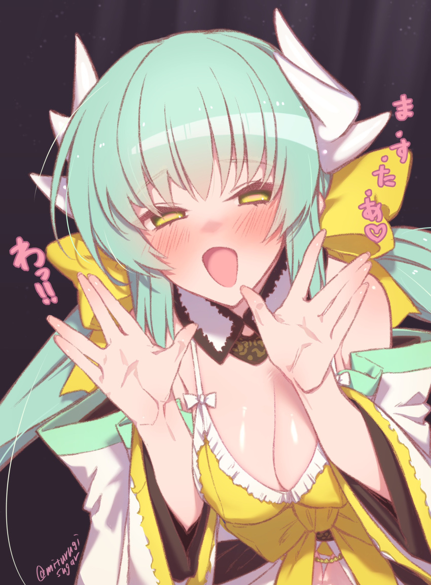 1girl bare_shoulders bikini blush bow breasts cleavage detached_collar dragon_girl dragon_horns fate/grand_order fate_(series) green_hair hair_bow highres horns japanese_clothes kimono kiyohime_(fate) kiyohime_(swimsuit_lancer)_(fate) kiyohime_(swimsuit_lancer)_(first_ascension)_(fate) long_hair long_sleeves looking_at_viewer medium_breasts mitsurugi_sugar multiple_horns off_shoulder open_mouth smile solo swimsuit thighs translation_request white_kimono wide_sleeves yellow_bikini yellow_bow yellow_eyes