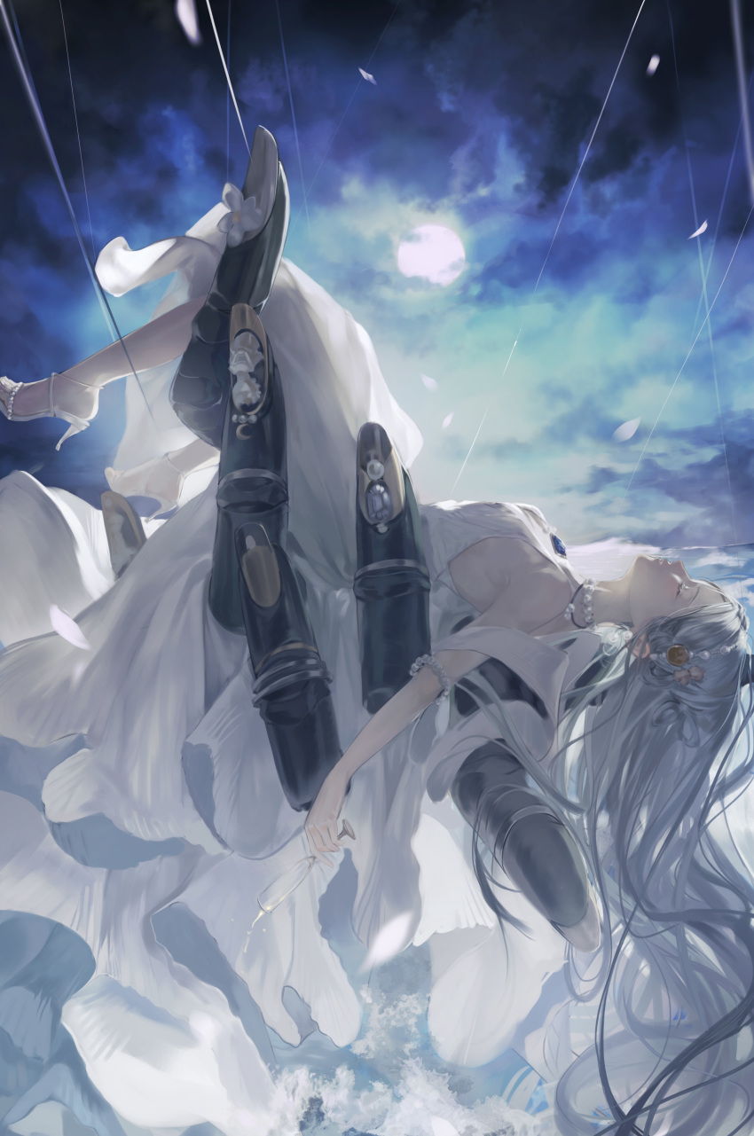 1girl absurdres armlet armpits azur_lane bare_shoulders blue_hair breasts brooch champagne_(adulation_eternal)_(azur_lane) champagne_(azur_lane) champagne_flute closed_eyes cloud cloudy_sky cup dress drinking_glass earrings falling_petals feet full_moon high_heels highres holding holding_cup jewelry long_hair lying moon necklace night night_sky on_back pearl_necklace petals sky small_breasts solo tanxing_jiu toes very_long_hair wedding_dress white_dress white_footwear