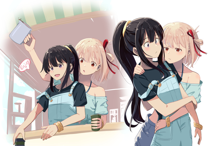 2girls absurdres bare_shoulders bikini bikini_under_clothes black_hair black_shirt blonde_hair blue_shirt blue_shorts blush bracelet chai_haru closed_mouth collarbone commentary_request cropped_shirt cup english_text hair_between_eyes hair_ribbon highres holding holding_cup hug hug_from_behind inoue_takina jewelry long_hair looking_at_another lycoris_recoil matching_accessory multiple_girls multiple_views nishikigi_chisato off-shoulder_shirt off_shoulder official_alternate_costume official_alternate_hairstyle one_side_up oop open_mouth overalls ponytail purple_eyes red_eyes red_ribbon ribbon shirt short_hair short_sleeves shorts sidelocks simple_background speech_bubble strap_slip swimsuit tied_shirt white_background yuri