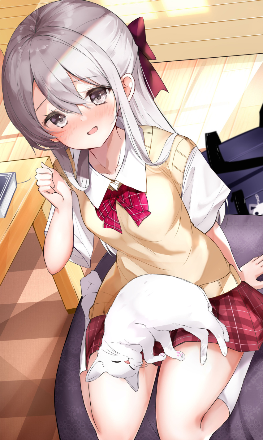 1girl absurdres animal_on_lap arm_behind_back bag bag_removed blush book bow bowtie breasts cat cat_on_lap collarbone collared_shirt commentary_request cushion day dutch_angle grey_eyes grey_hair hair_between_eyes hair_bow hamaken._(novelize) hand_up highres indoors kneehighs long_hair looking_at_viewer miniskirt on_lap open_mouth original plaid plaid_bow plaid_bowtie plaid_skirt pleated_skirt red_bow school_bag school_uniform seiza shirt short_sleeves sidelocks sitting skirt sleeveless sleeveless_sweater small_breasts socks solo summer_uniform sunlight sweater table thighs white_cat white_shirt white_socks wooden_floor yellow_sweater