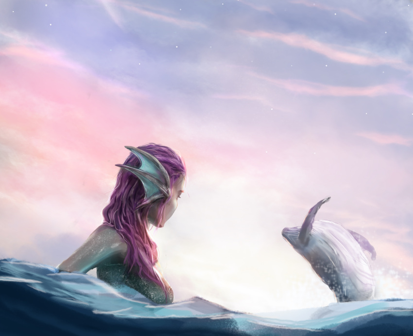 1girl absurdres breasts day fins head_fins highres long_hair medium_breasts mermaid monster_girl original outdoors purple_hair solo upper_body water whale yido_(yidoarts)