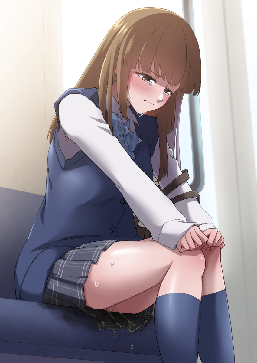 1girl bag black_skirt blue_bow blue_bowtie blue_socks blue_vest blush bow bowtie brown_eyes brown_hair buttons closed_mouth commentary_request commission embarrassed flat_chest half-closed_eyes hands_on_own_knees have_to_pee highres kneehighs knees_together_feet_apart laaapie leaning_forward long_hair long_sleeves looking_down miniskirt original own_hands_together pee peeing peeing_self plaid plaid_bow plaid_bowtie plaid_skirt pleated_skirt school_uniform shiny_skin shirt sidelocks sitting skeb_commission skirt socks solo sweat tears thighs train_interior vest wet wet_clothes wet_skirt white_shirt