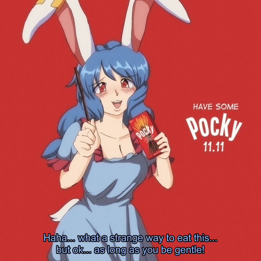 1990s_(style) 1girl animal_ears blue_dress blue_hair blush box breasts buck_teeth cleavage cowboy_shot dress earclip english_commentary english_text food frilled_sleeves frills highres holding holding_box holding_food holding_pocky long_hair looking_at_viewer low_twintails medium_bangs medium_breasts open_mouth pocky pocky_day rabbit_ears rabbit_girl rabbit_tail red_background red_eyes retro_artstyle seiran_(touhou) short_sleeves simple_background smile solo square_neckline step_arts subtitled tail teeth touhou twintails upper_teeth_only