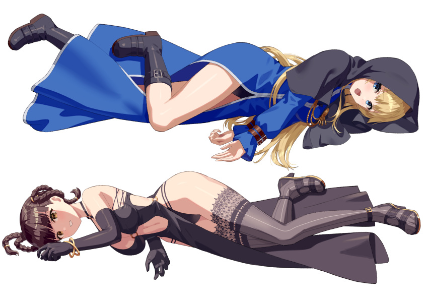 2girls absurdres black_thighhighs blonde_hair blue_dress blue_eyes boots braid breasts brown_eyes brown_hair commission dead_or_alive defeat dress elbow_gloves full_body gloves goeniko highres lei_fang long_hair long_sleeves looking_at_viewer lying m.u.g.e.n medium_breasts multiple_girls navel nun on_side pixiv_commission the_king_of_fighters thighhighs transparent_background twin_braids yagi2013