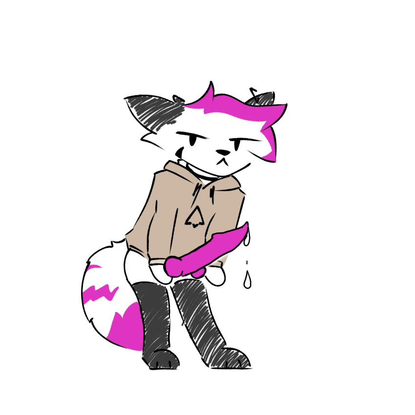 angry anthro bodily_fluids canid canine choker clothed clothing ejaculation felix_fell fell fox fur genital_fluids genitals girly hair hi_res hoodie jewelry knot legwear male mammal mrtick necklace penis purple_body purple_fur purple_hair solo stockings topwear