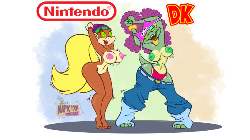 2023 baggy_pants bottomwear bottomwear_down breasts brown_body clothed clothing crocodilian dancing dialogue donkey_kong_(series) duo english_text female genitals haplorhine hat headgear headwear hi_res hypnosis kalypso kremling mammal mind_control monkey musical_note nafyo-toons navel nintendo nipples nude outside panties pants pants_down partially_clothed piercing pigtails primate pussy reptile sagging_pants scalie shirt smile standing text tiny_kong topless topless_female topwear underwear undressing