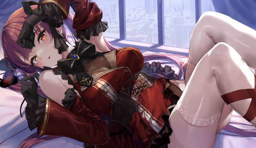 1girl akasaai armpits bare_shoulders blush bow bowtie breasts corset detached_sleeves frills gloves hair_ribbon heterochromia highres hololive houshou_marine large_breasts long_hair looking_at_viewer lying on_back parted_lips red_eyes red_hair ribbon skirt solo thighhighs twintails virtual_youtuber yellow_eyes