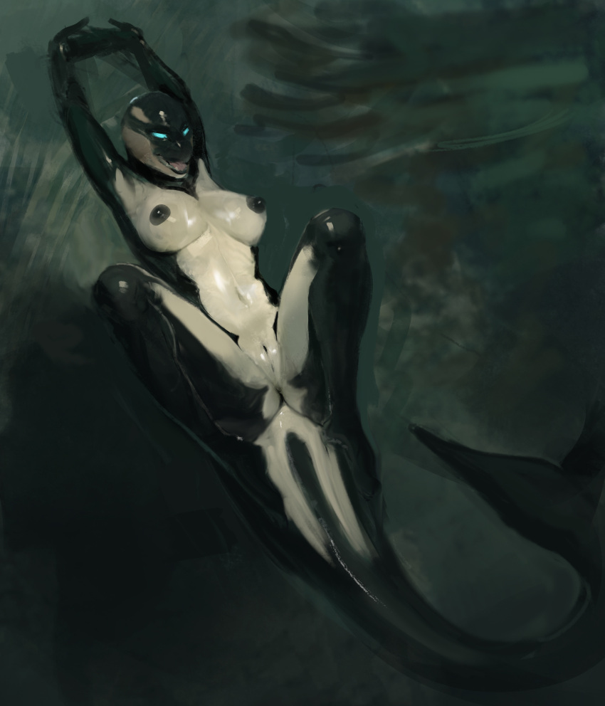 anthro arms_above_head big_breasts black_body black_nipples breasts cetacean dolphin female fin genitals hi_res killioma long_tail lying mammal marine nipples nude oceanic_dolphin on_back orca pussy solo stretching tail tail_fin thick_tail toothed_whale white_body